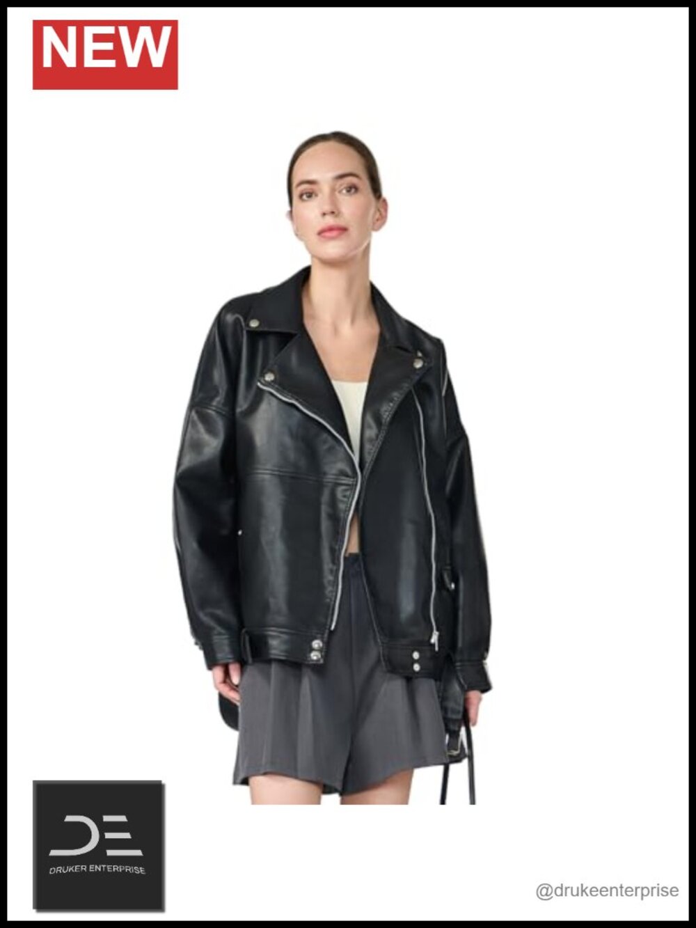 Faux Leather Cropped Moto Biker Jacket with Belts Oversized Fit